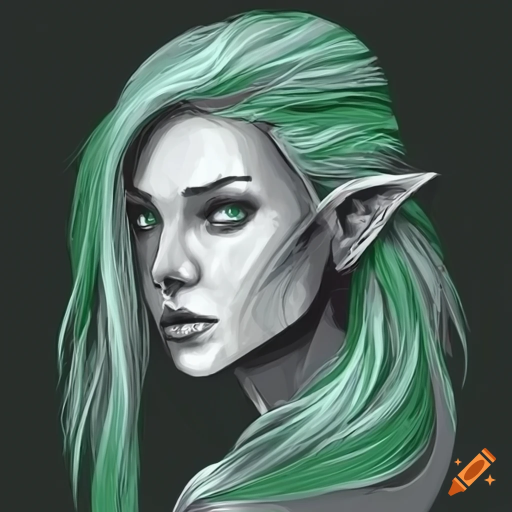 Portrait Of A Half Elf Sorcerer Woman With Gray And Green Hair On Craiyon
