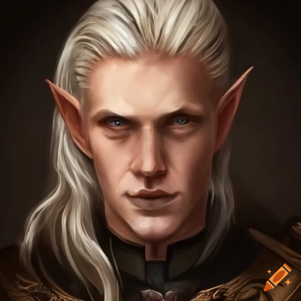 Portrait Of A Strong Half Elf Knight With Blond Hair And Intense Gray Eyes