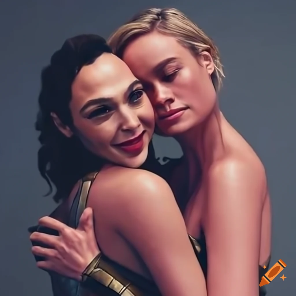 Gal Gadot And Brie Larson Hugging Romantically At Themyscira On Craiyon