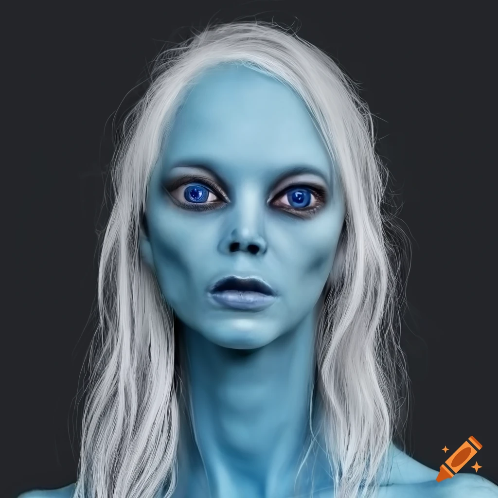 Realistic Photo Of A Blue Skinned Humanoid Alien Woman With White Hair