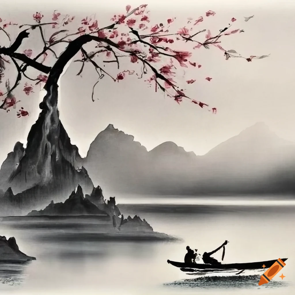 Chinese ink painting of a serene lake and a fishing boat on Craiyon