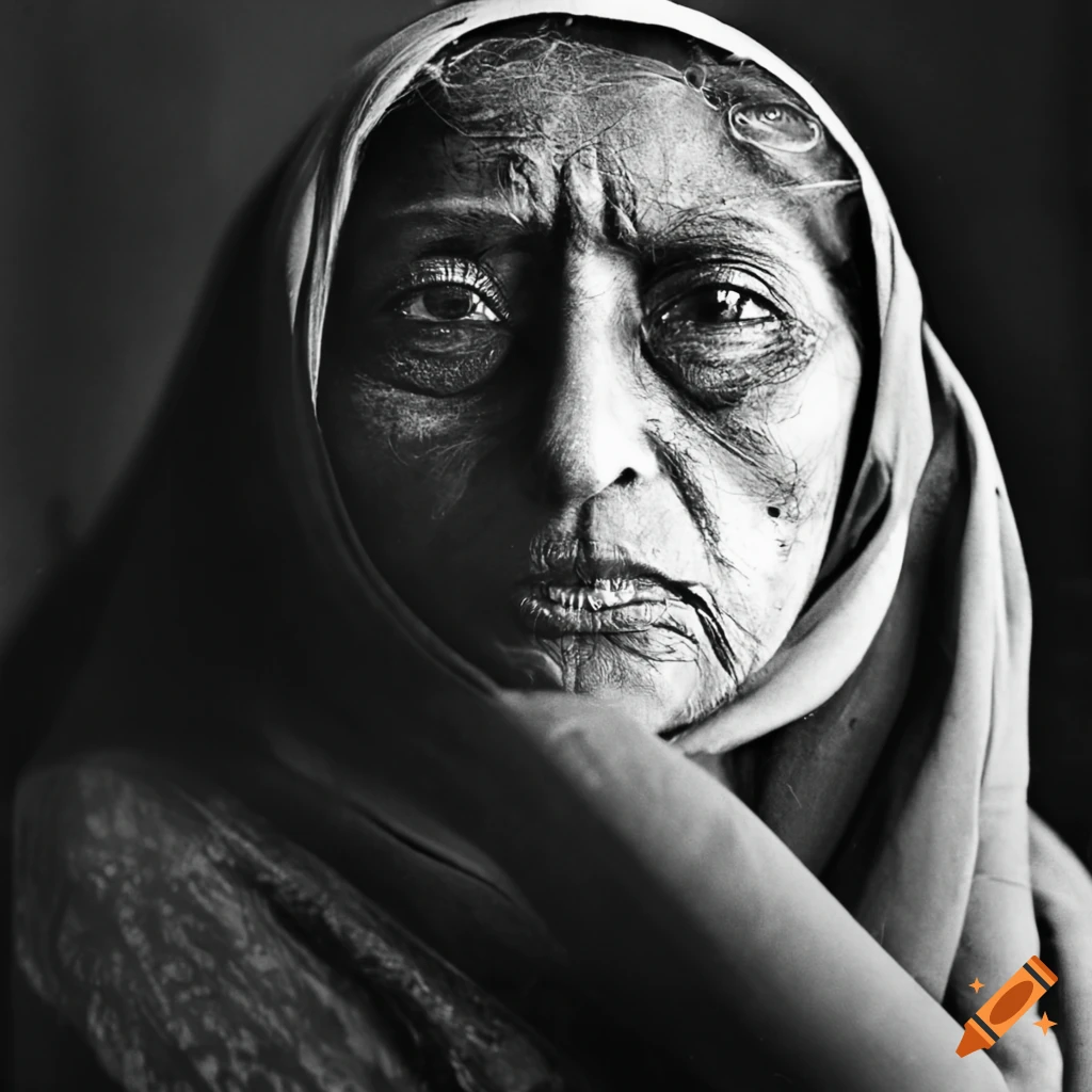 Vintage black and white portrait of an elderly pakistani immigrant woman on  Craiyon