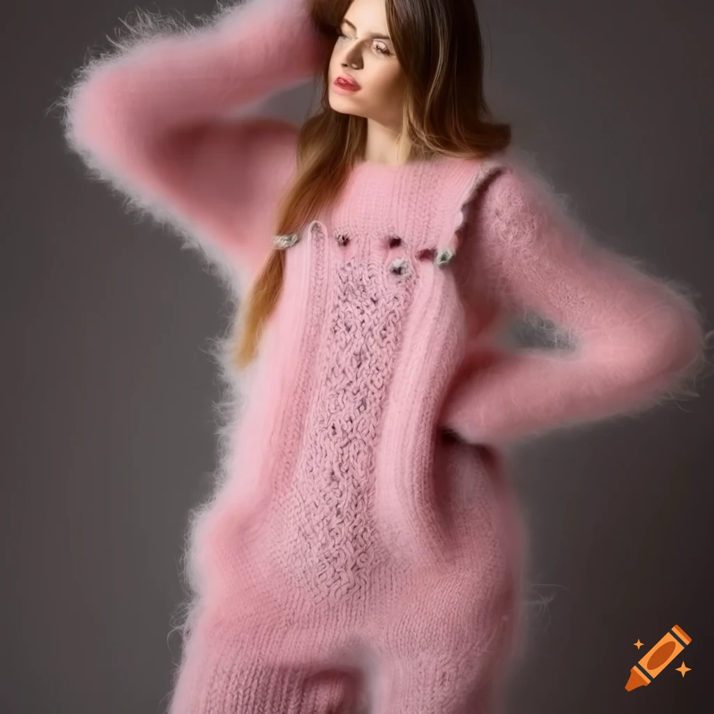 Woman in pink mohair knit overall sweater on Craiyon