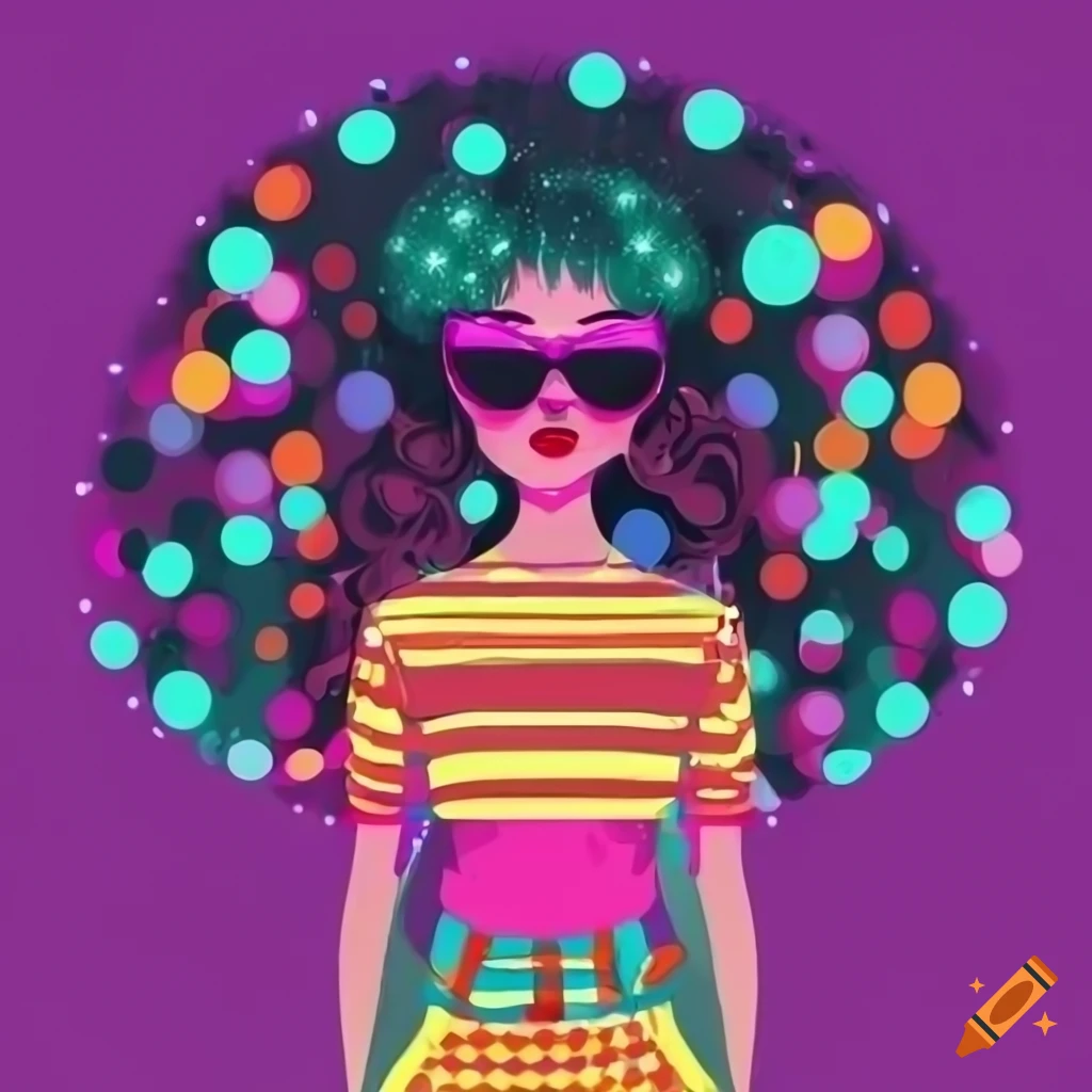 vector art, funk-themed character, retro-inspired makeup, wild and vibrant hair, wearing funky and colorful attire, accessorized, funky sunglasses, disco-inspired dance floor, sparkling disco balls, groovy light effects