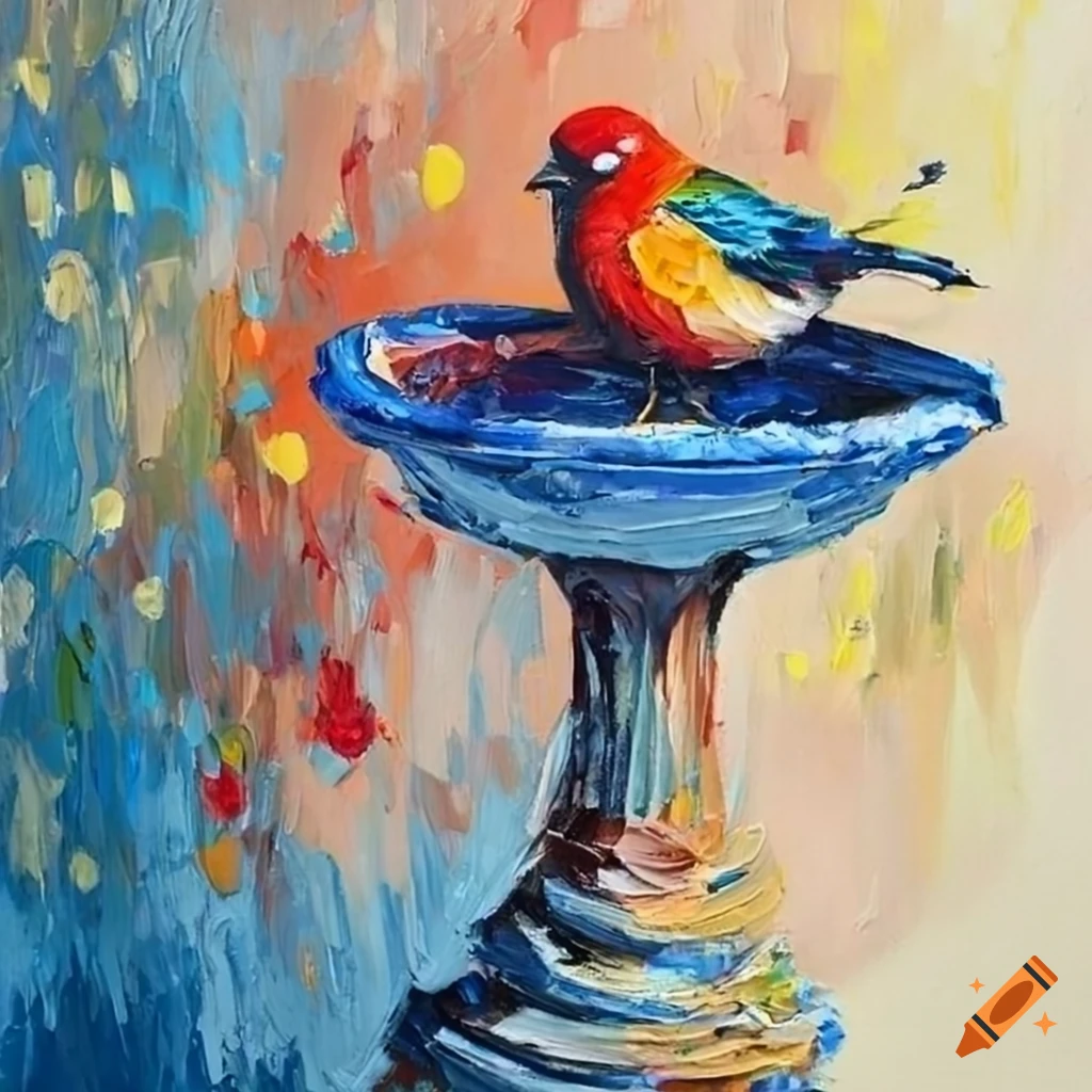 Palette knife painting of bird in birdbath on Craiyon