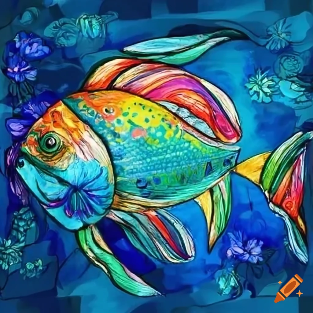A fish with flower patterns swimming in a blue water