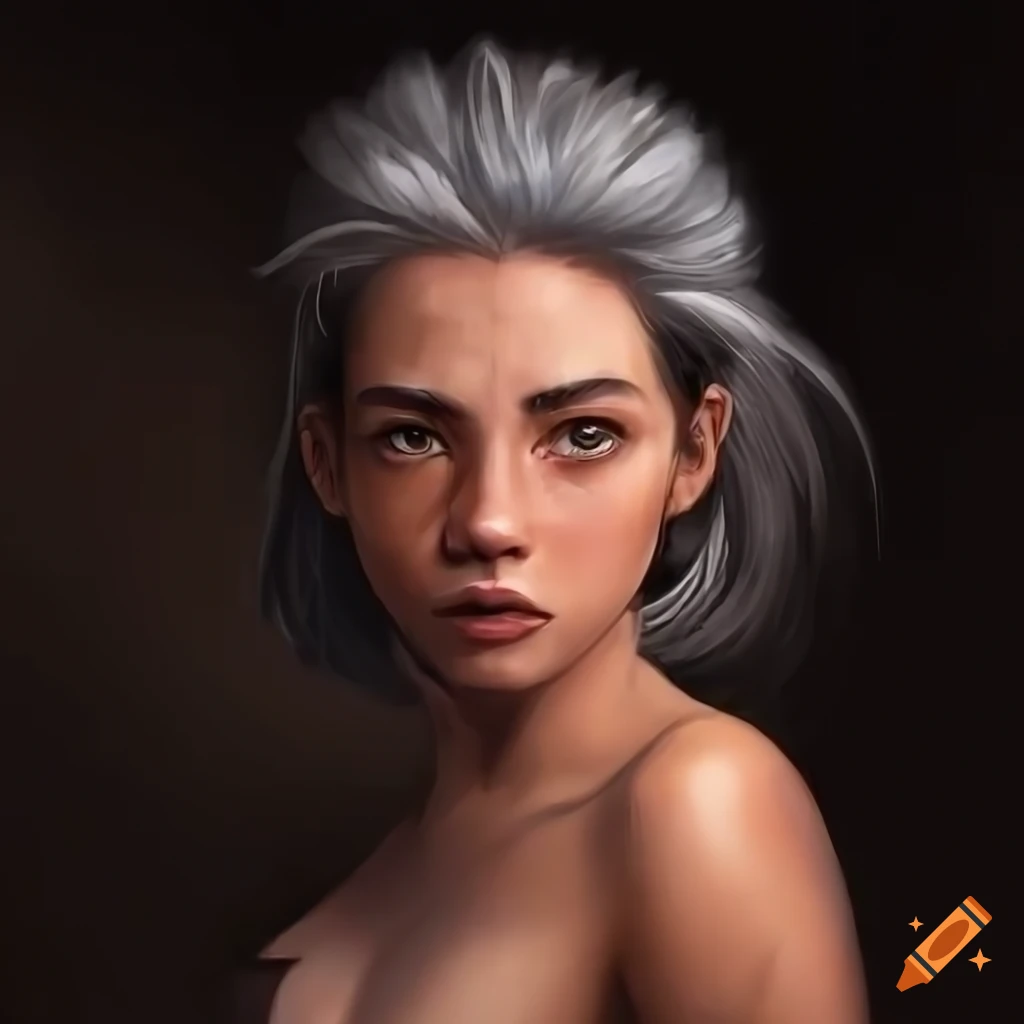 Hispanic, wearing shirt, has gray hair, in her 20s,anime, detailed