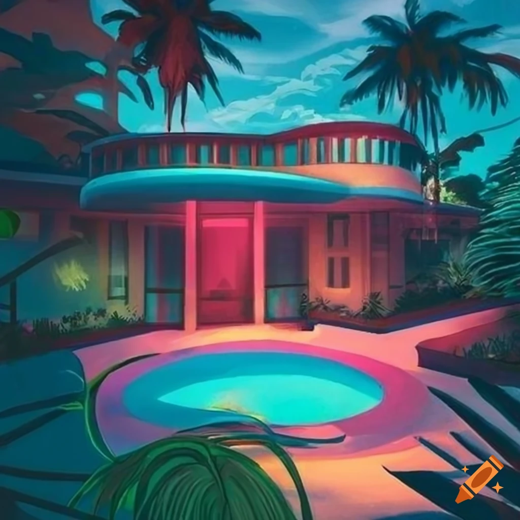 Art deco concrete home, tropical landscaping, reflective pools neon ...