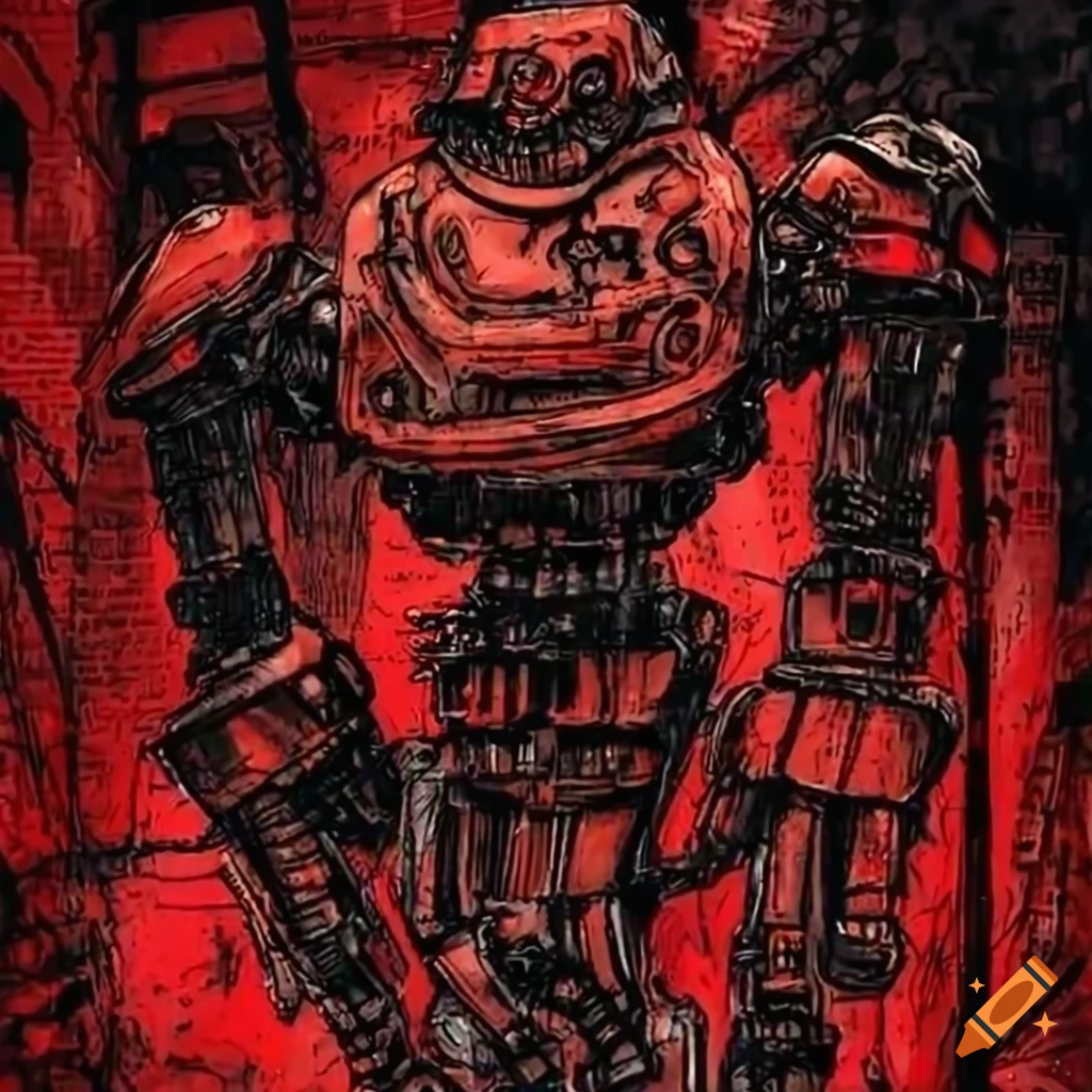 Detailed ink drawing of a futuristic red robot on Craiyon