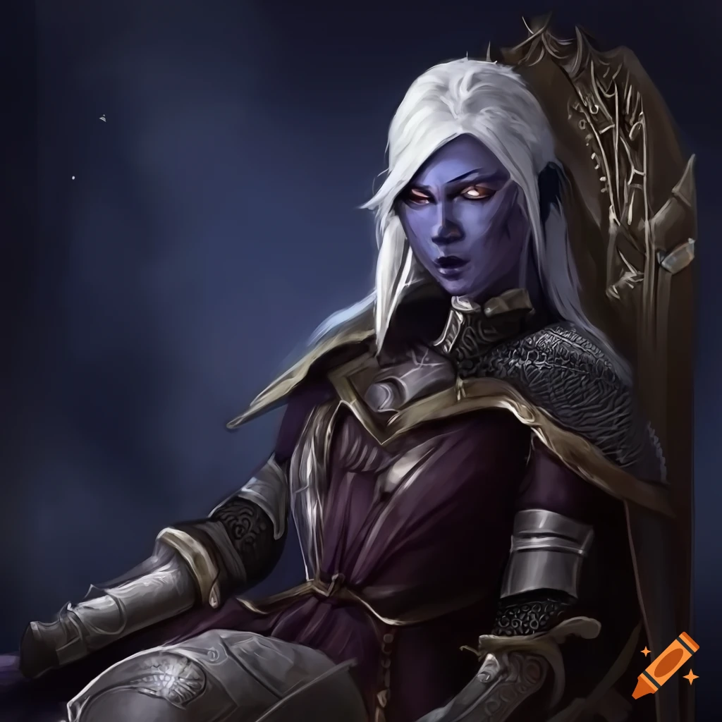 Dnd female drow, sitting on a throne, armor, 4k, high-detailed, portrait