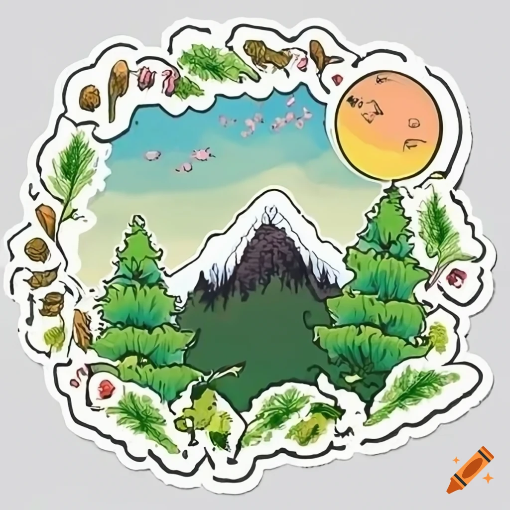 Make me a nature sticker with a forest and a mountain on Craiyon