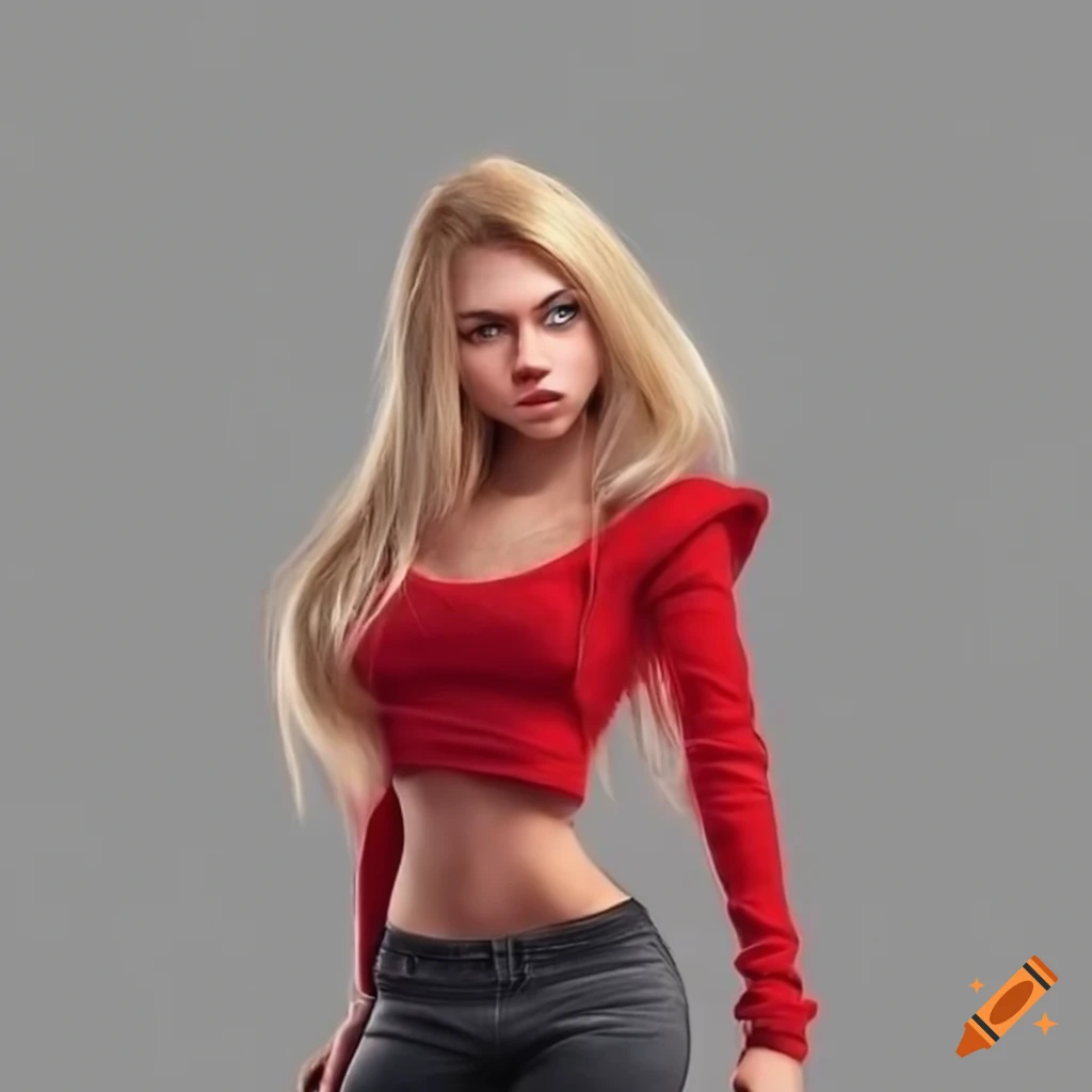 Blonde joung woman in red tight hoody and black jeans on Craiyon