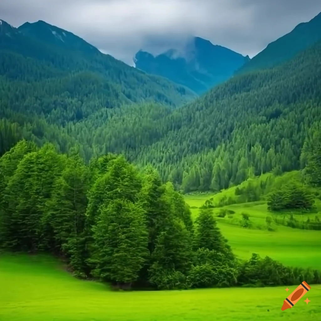 Landscape with lush green meadow and majestic mountains in rainy ...