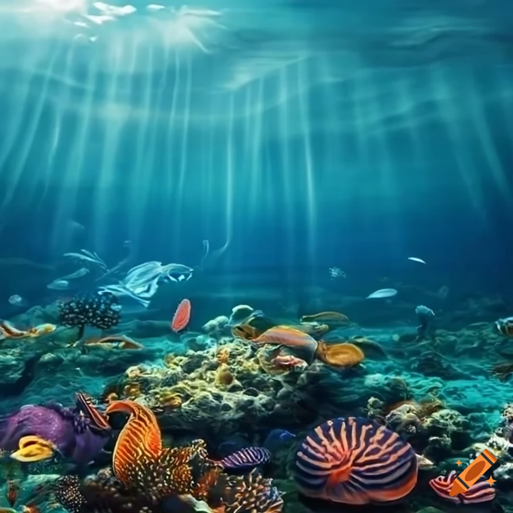A majestic underwater landscape with various marine life