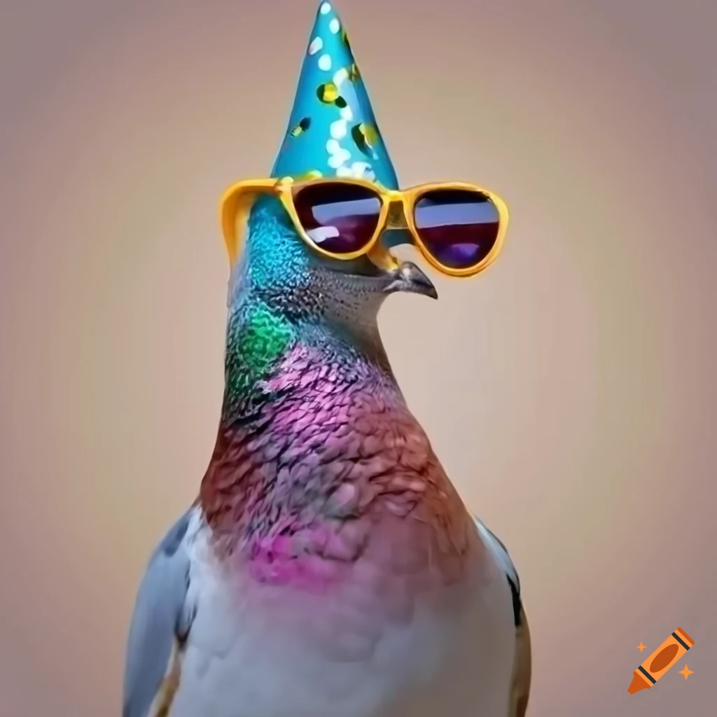 A pigeon wearing sunglasses and a birthday hat in white background on