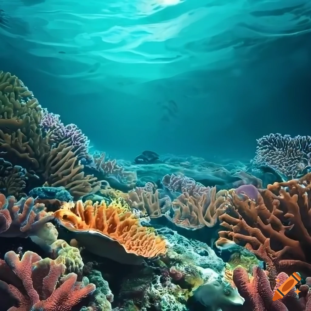 Looking down at a coral reef on the ocean floor at a shallow point near ...