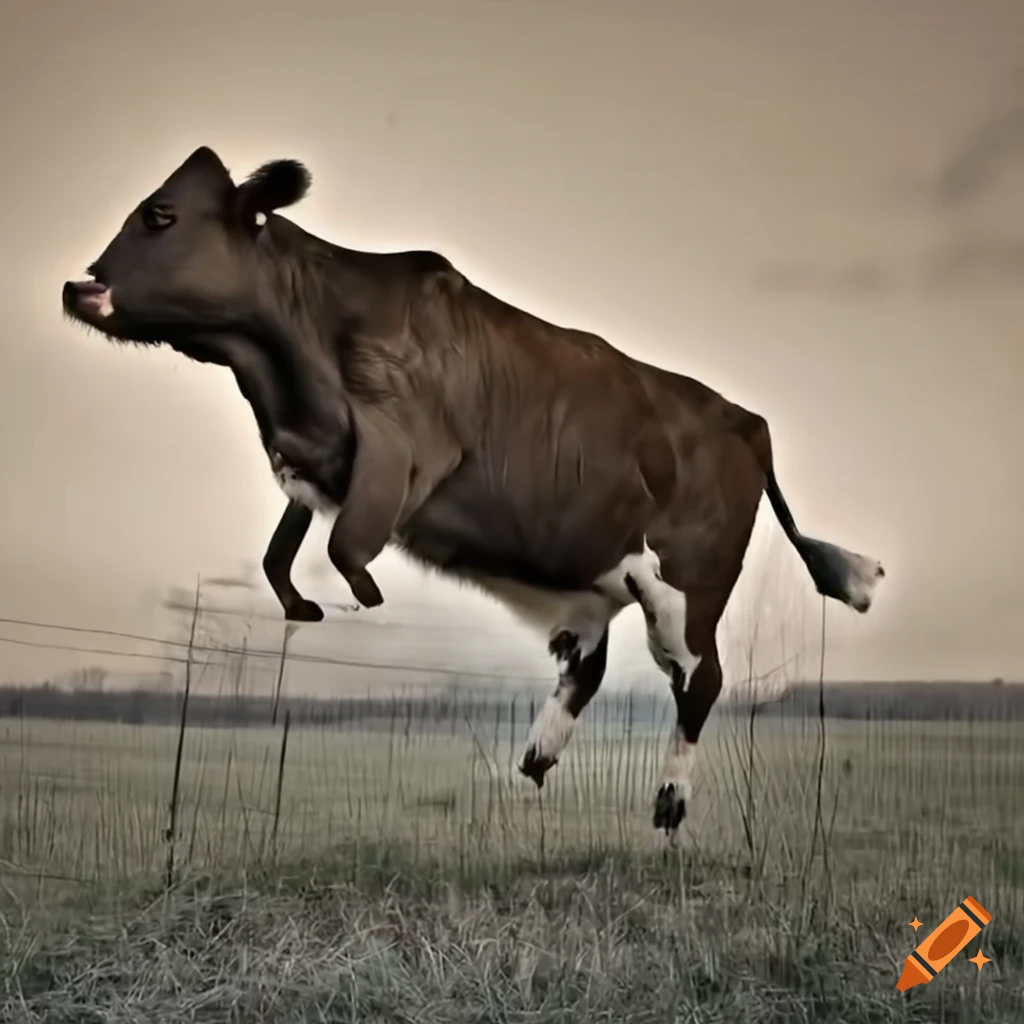 A cow jumping over a wire fence on Craiyon