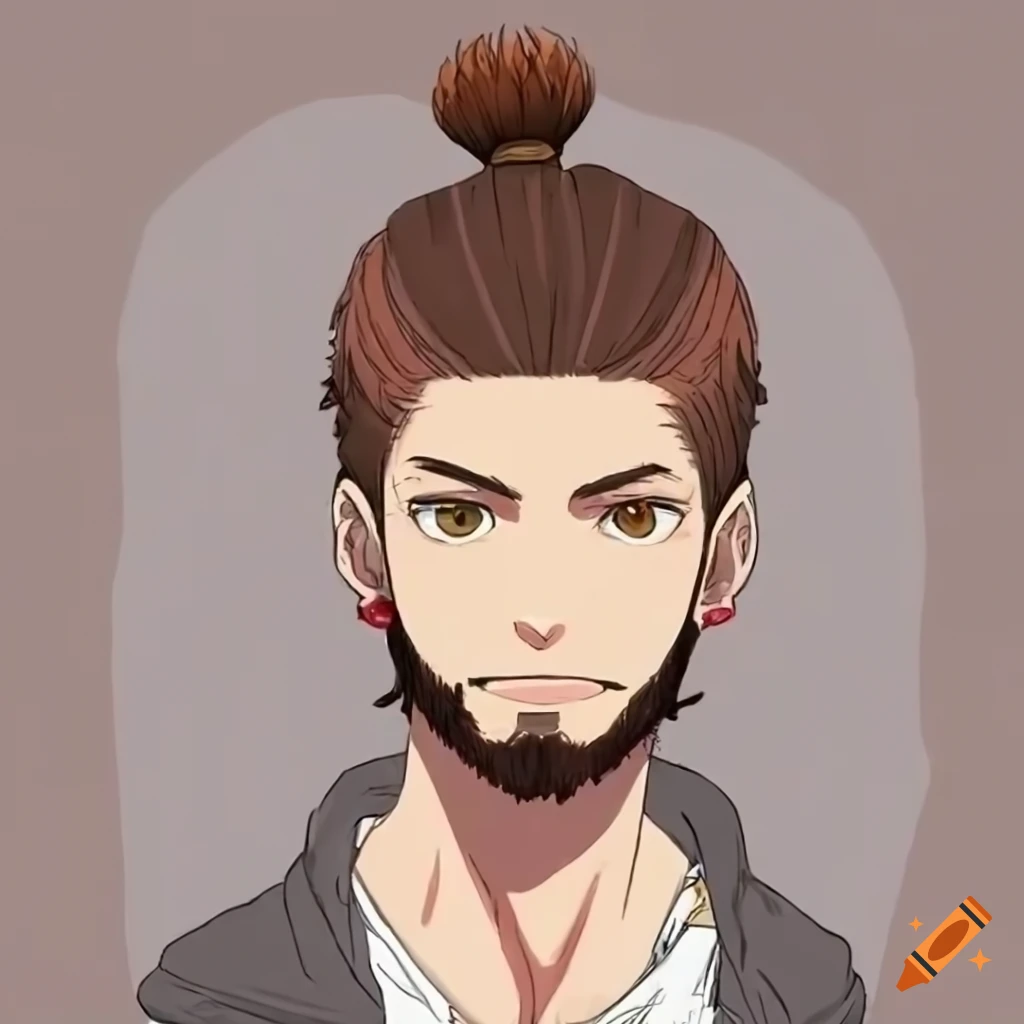 Anime handsome young man with a beard smirking with a brown man bun
