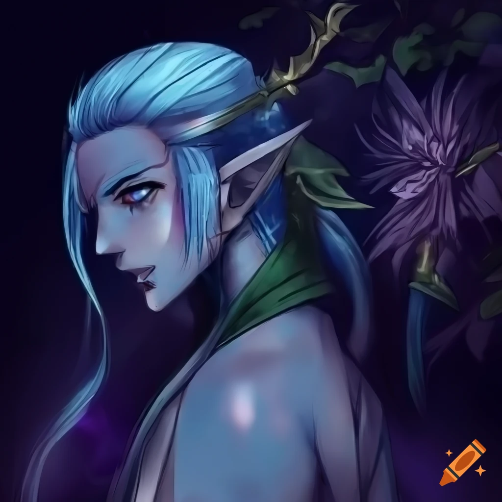 Young blue-skinned dark elf with rose eyes, male, blue skin, long light  hair with pink&green&yellow undertones, wearing dark kimono, cherry tree  background, manga/anime style, zerochan, trending in artstation, detailed  on Craiyon