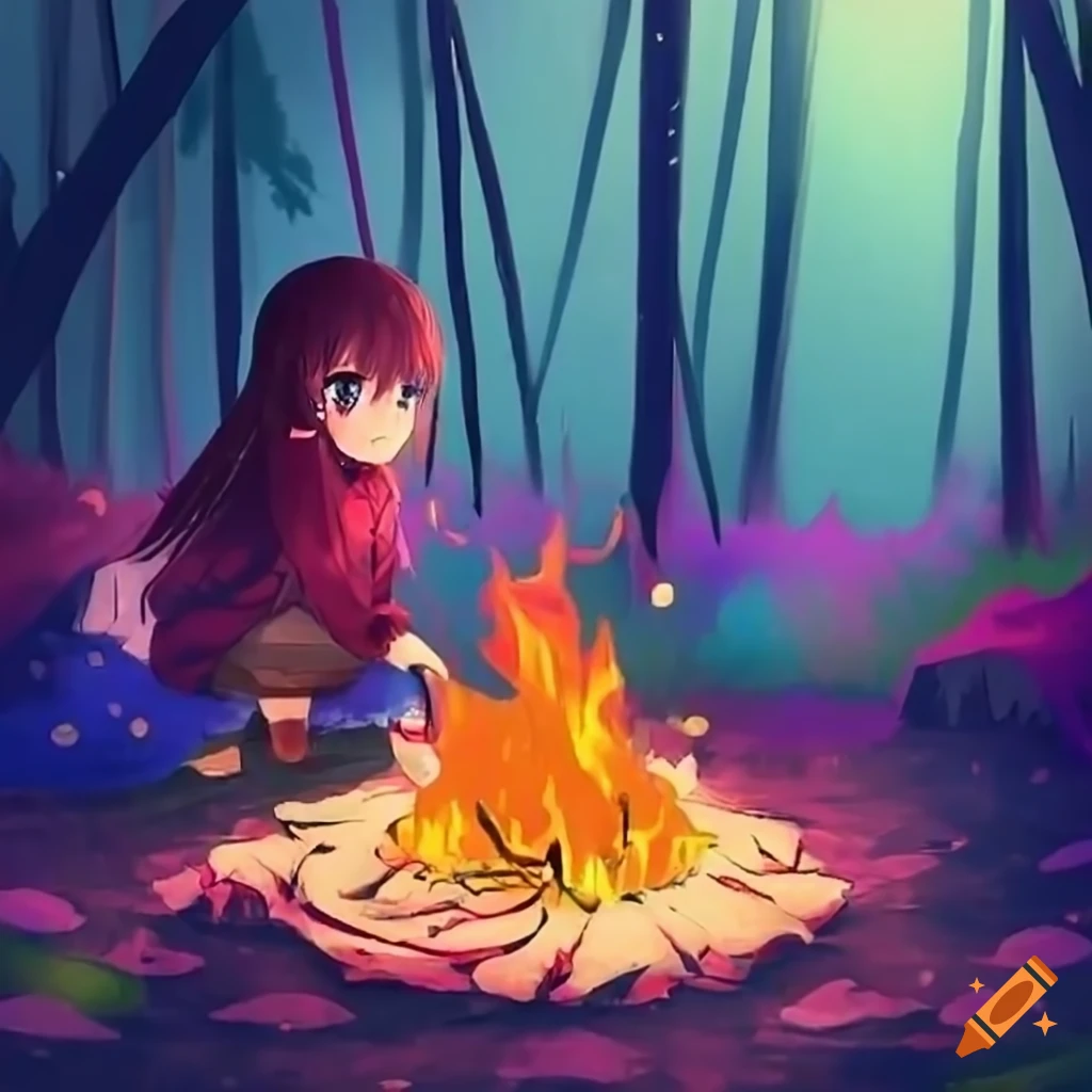 Premium Photo | Anime characters sitting around a campfire in a cave  generative ai