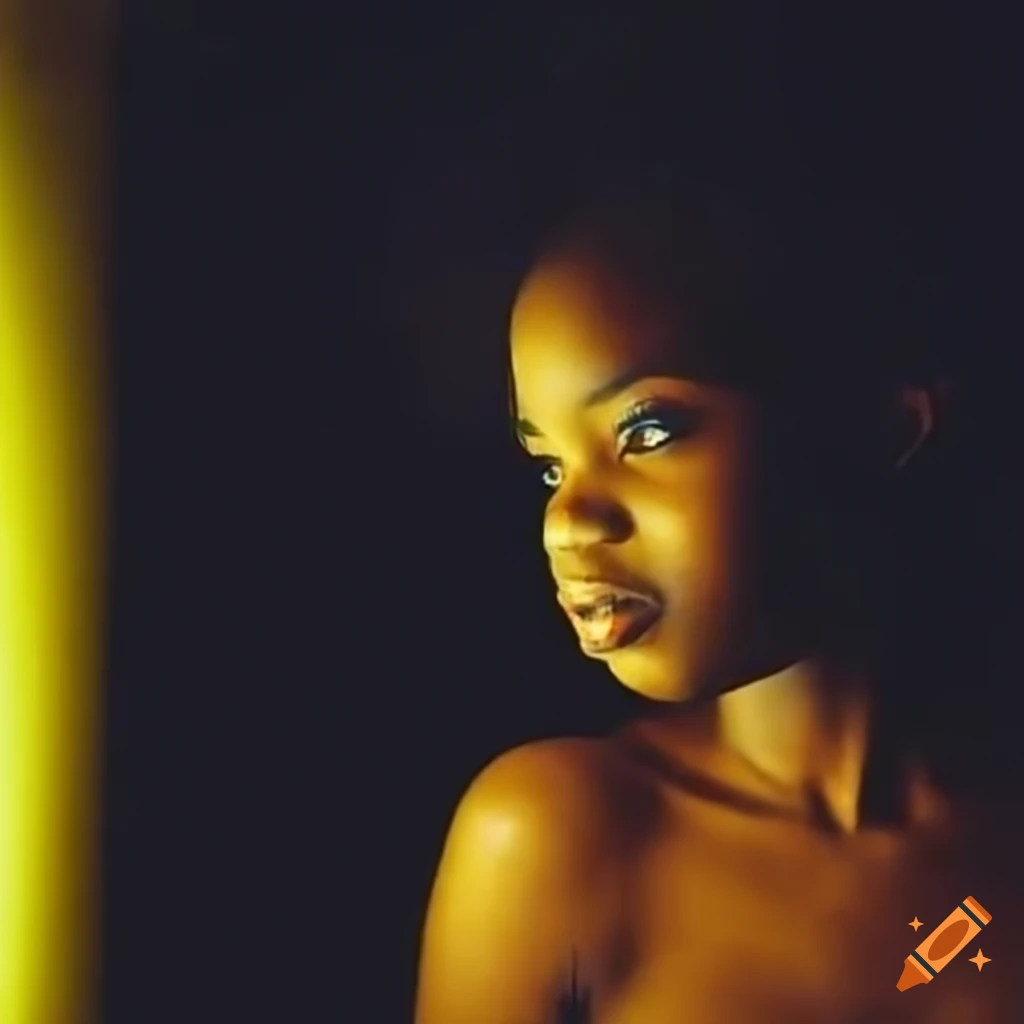 A black girl watching a yellow light that she is holding