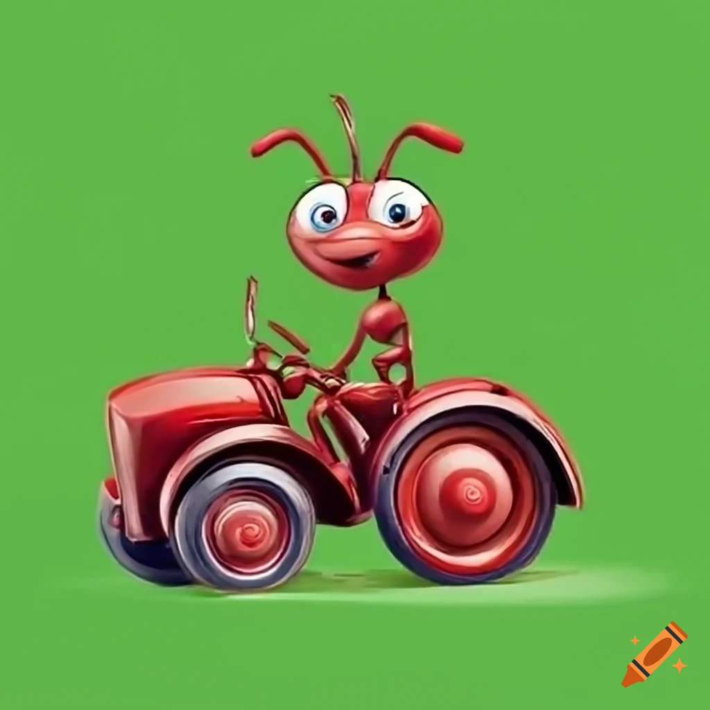 Cartoon ant driving a tractor with same size wheels on Craiyon