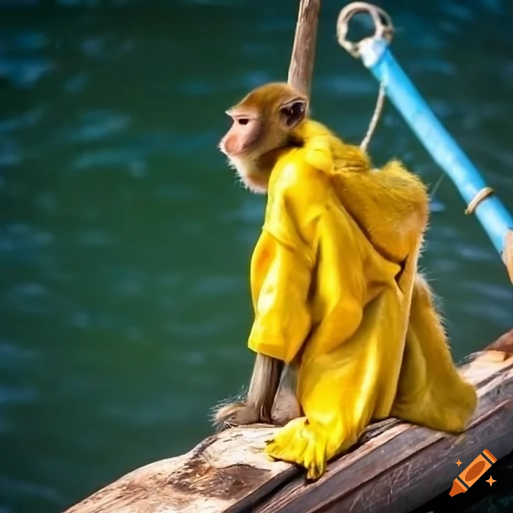 A monkey on a fishing ship wearing a yellow rainsuit on Craiyon