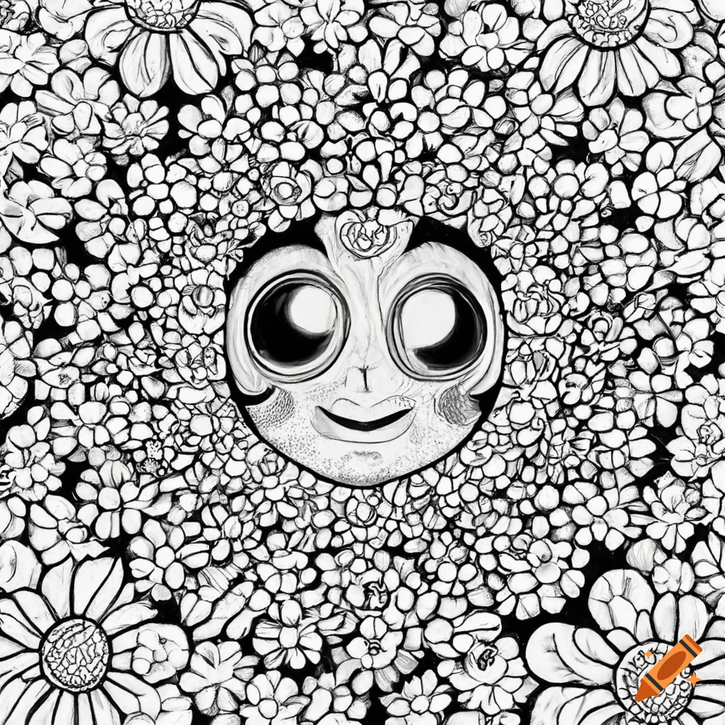 Coloring black and white page with flowers and smiling faces, by murakami