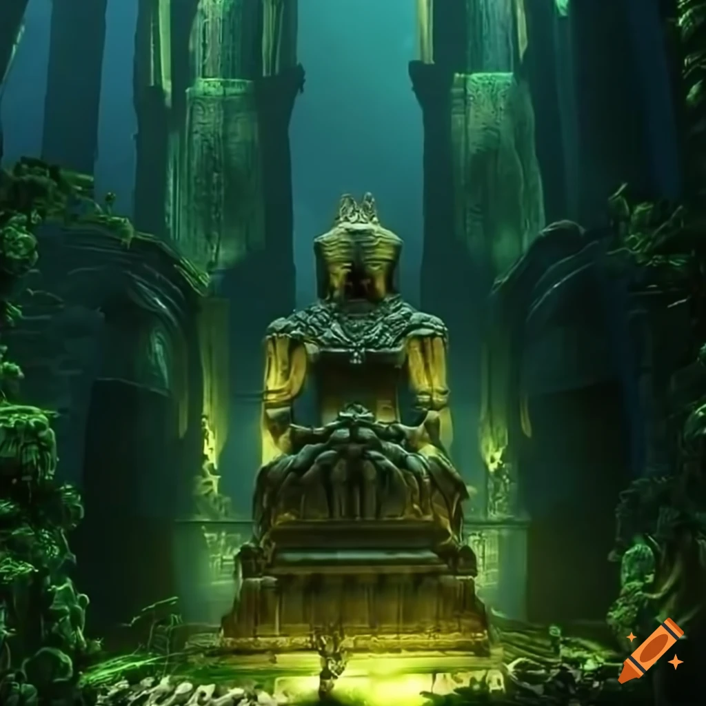 an ancient temple, heavy overgrowth, large statue of ancient deity, dynamic lighting, stargate