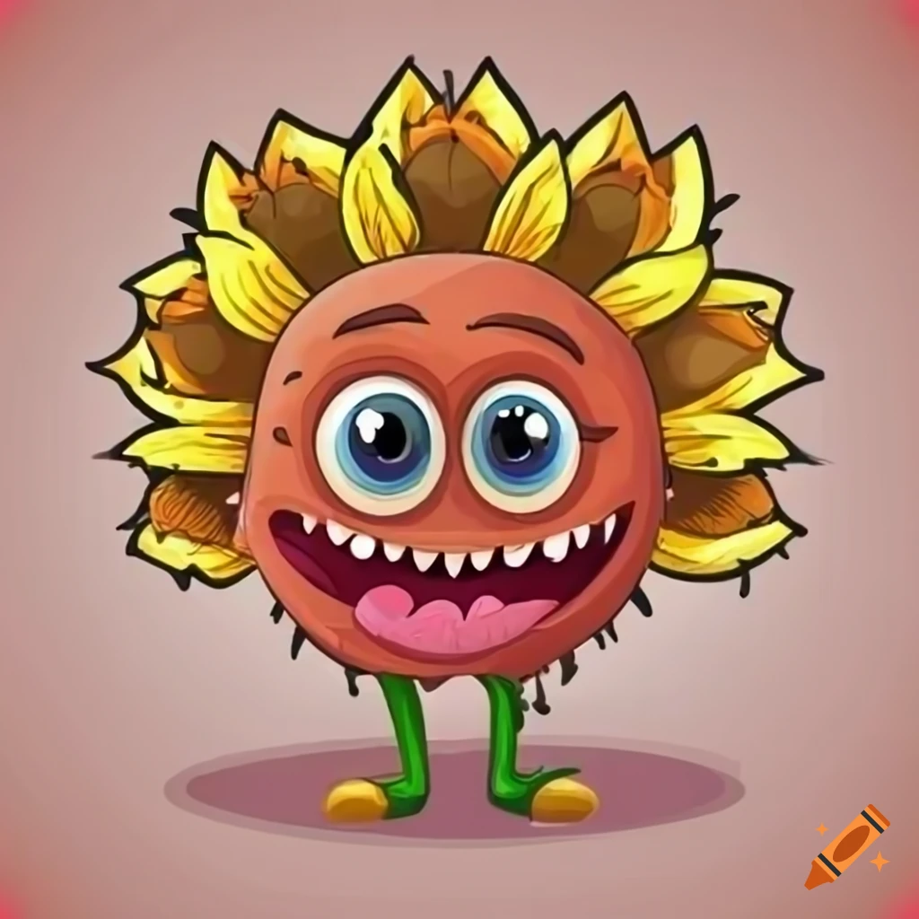 A cheerful sunflower monster cartoon with a big smile and rosy