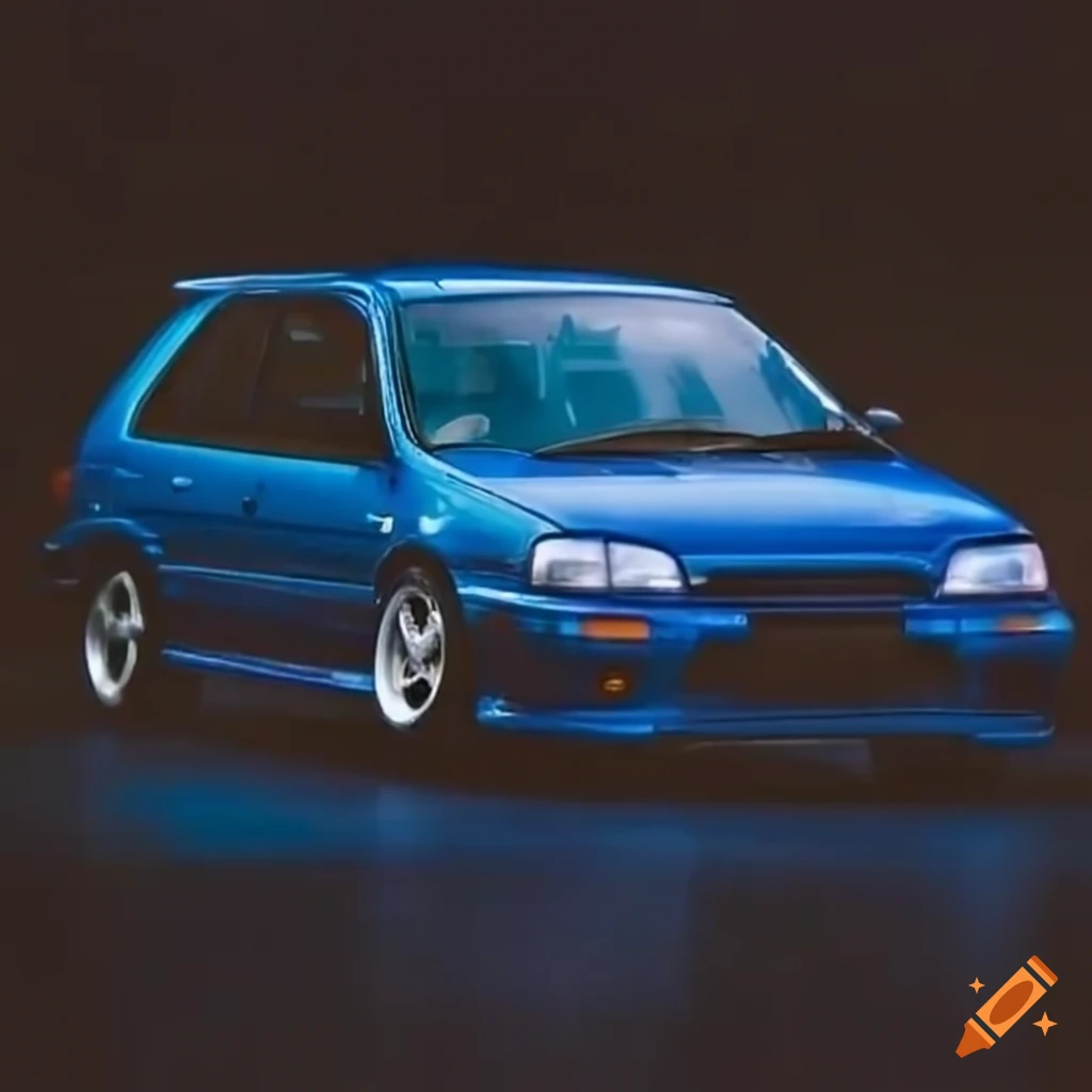 Modified blue nissan micra with wide body kit and large spoiler on Craiyon