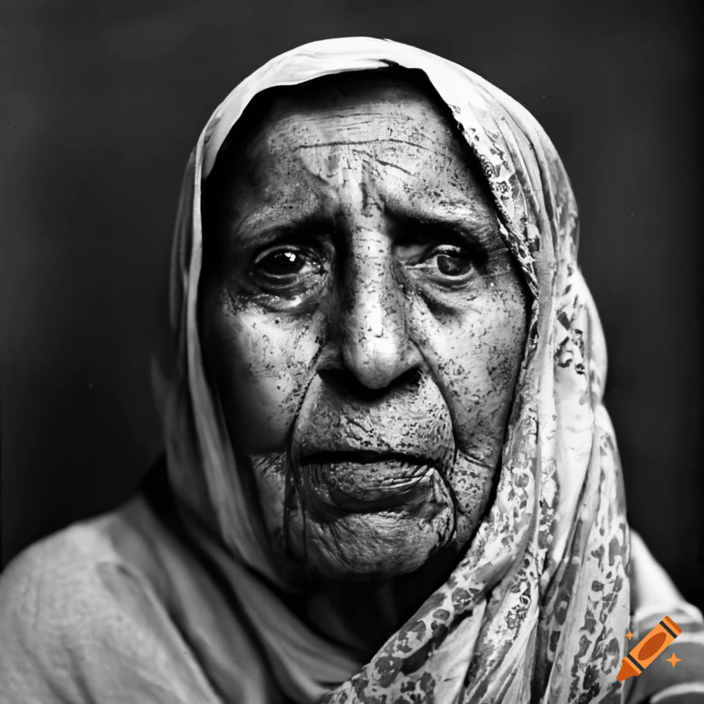 Vintage black and white portrait of an elderly pakistani immigrant woman on  Craiyon