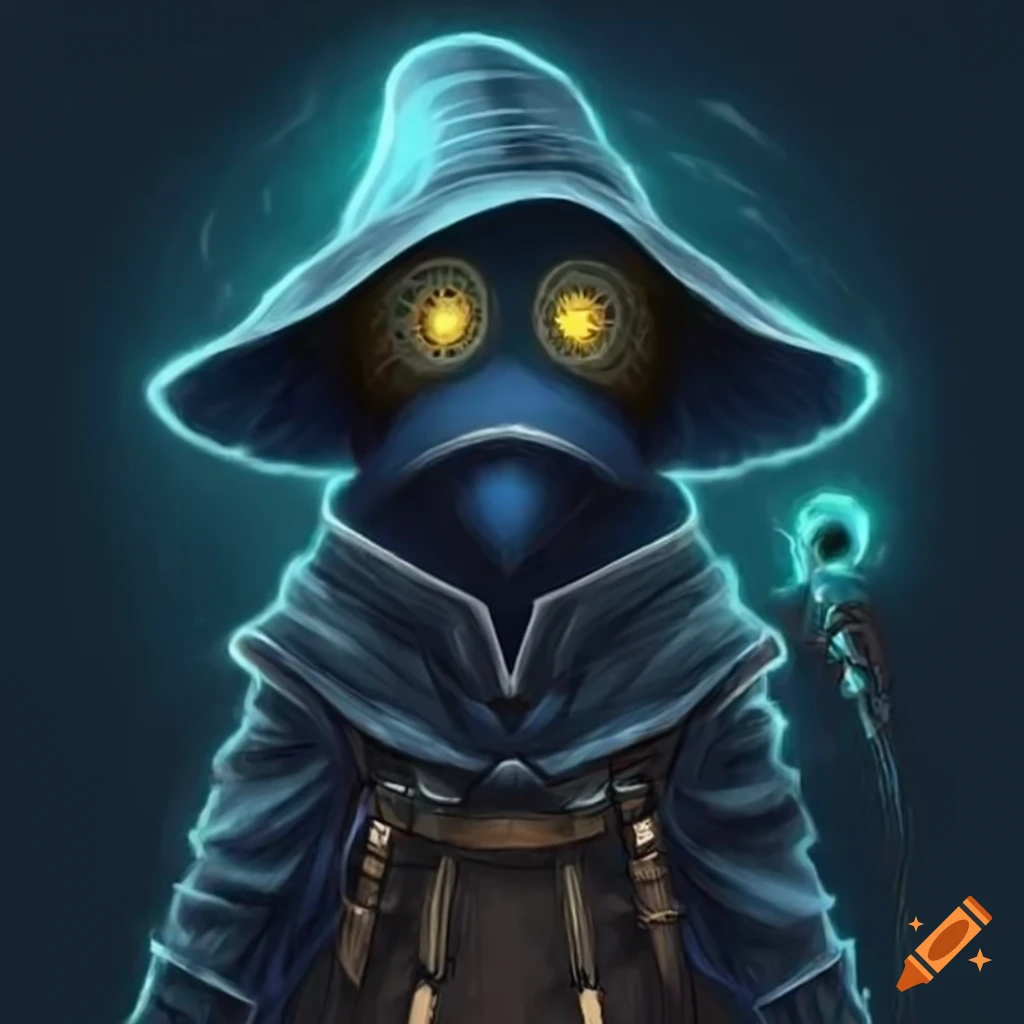 Portrait of vivi from final fantasy with yellow glowing eyes in the  dungeons & dragons art style on Craiyon