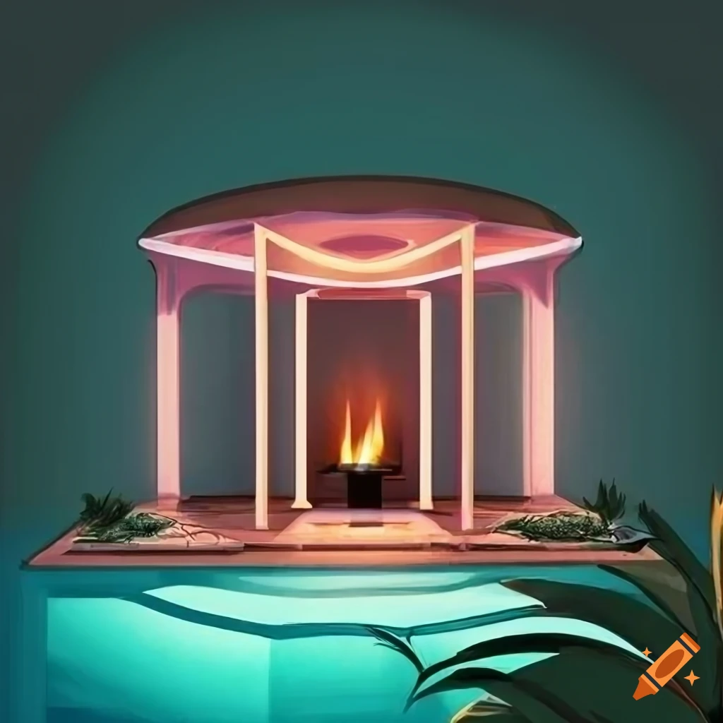 Art deco inspired outdoor cabana, gazebo, jacuzzi, lush tropical landscaping, illustrative
