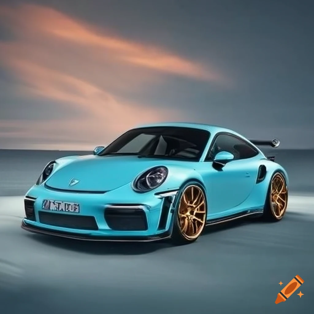 Sky blue 911 gt3 with golden rims on Craiyon