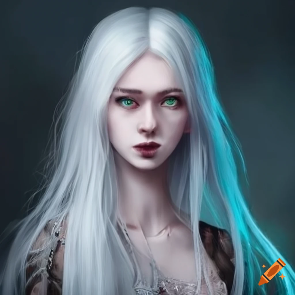 Teifling lady with pale skin long white hair with a black streak and ...