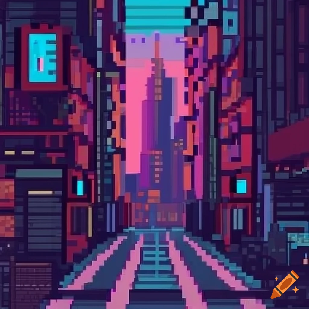 Futuristic city street in retro pixel art