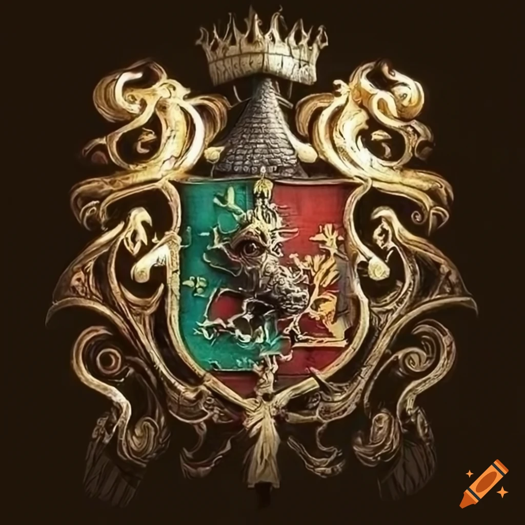 Stemma hogwarts con 4 stemmi all'interno di grifondoro,serpeverde,tassorosso  e corvonero,stile medievale,gotico,dark fantasy on Craiyon
