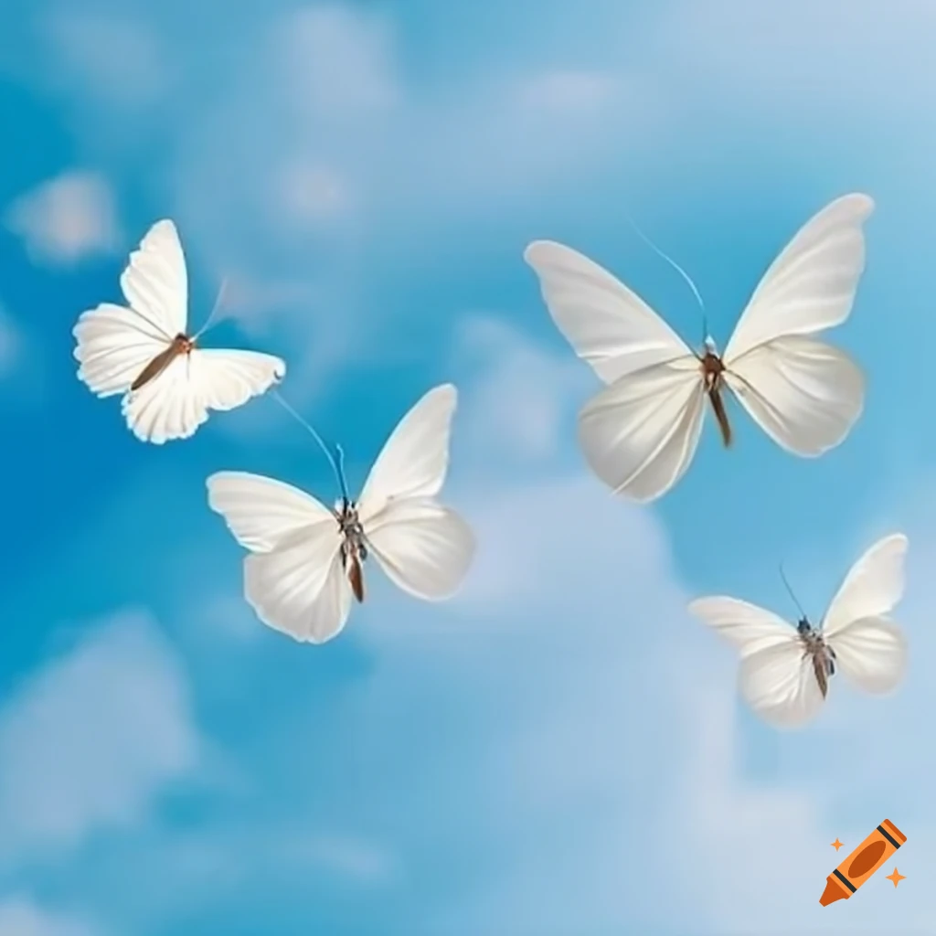 White butterflies flying in blue sky on Craiyon
