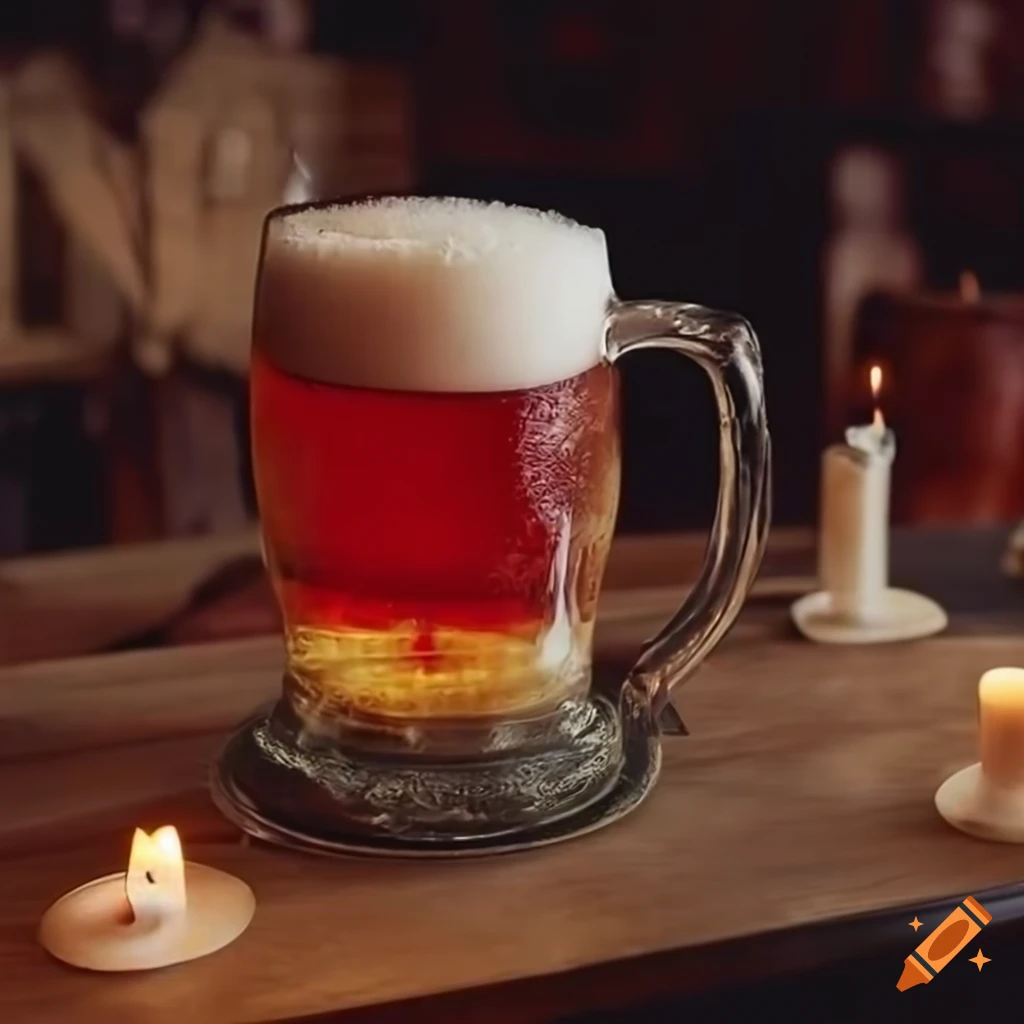 High definition engraved beer mug made of stone filled with red ale on