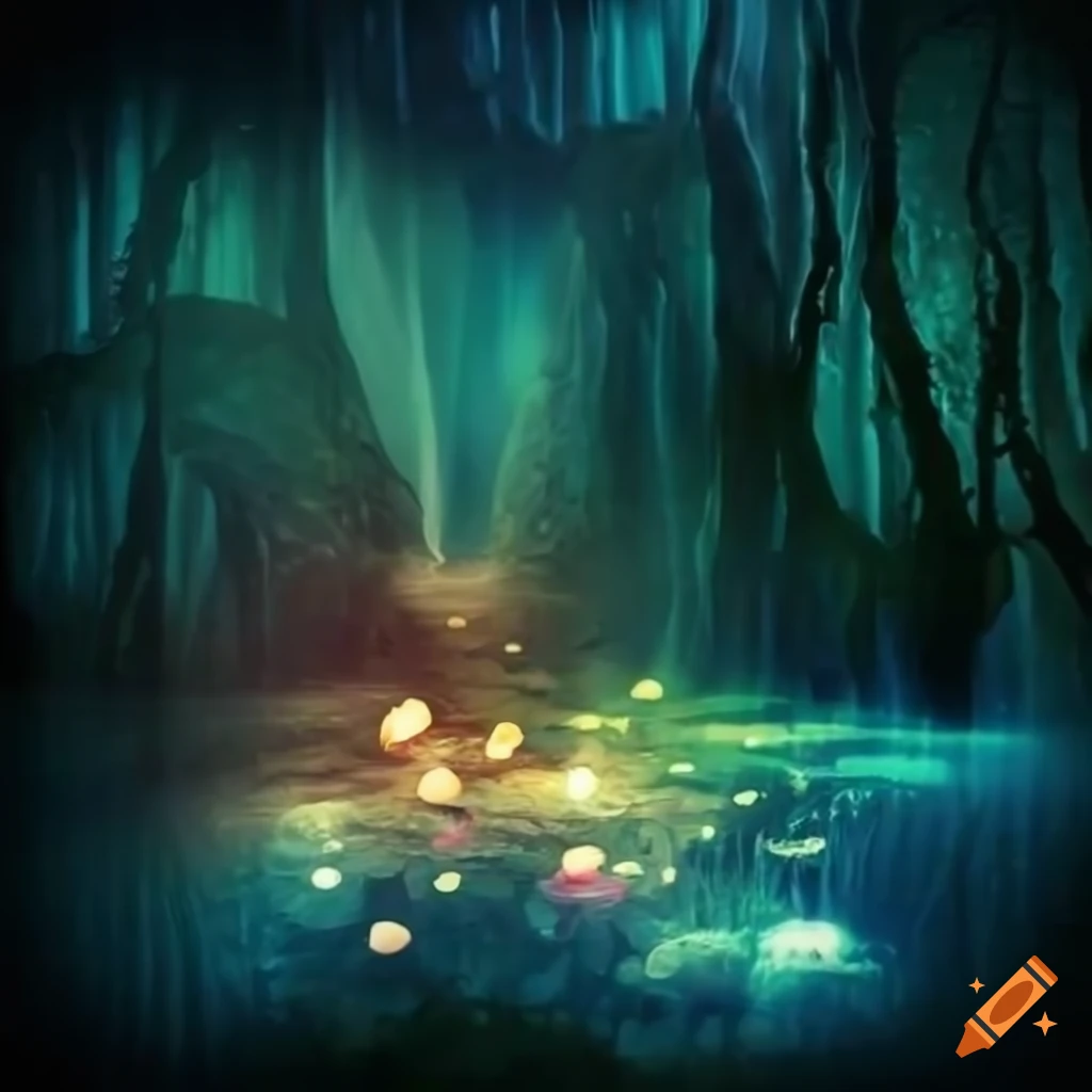 Generate an image of a mystical forest with glowing mushrooms and a ...