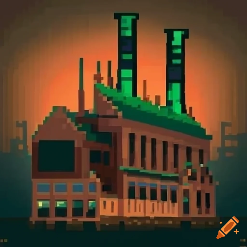 A pixel art old fashioned factory shooting a green beam into the sky on