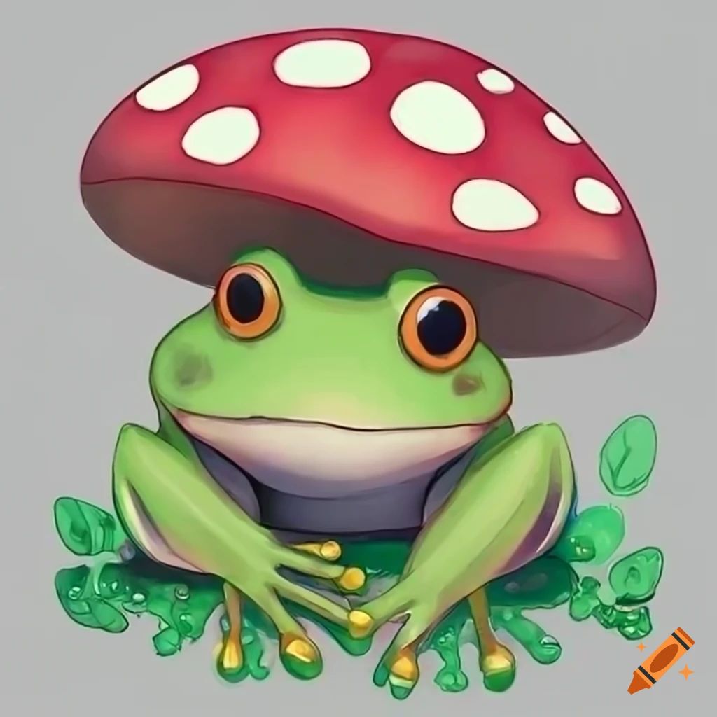 Cute kawaii cartoony frog sitting on a mushroom on Craiyon