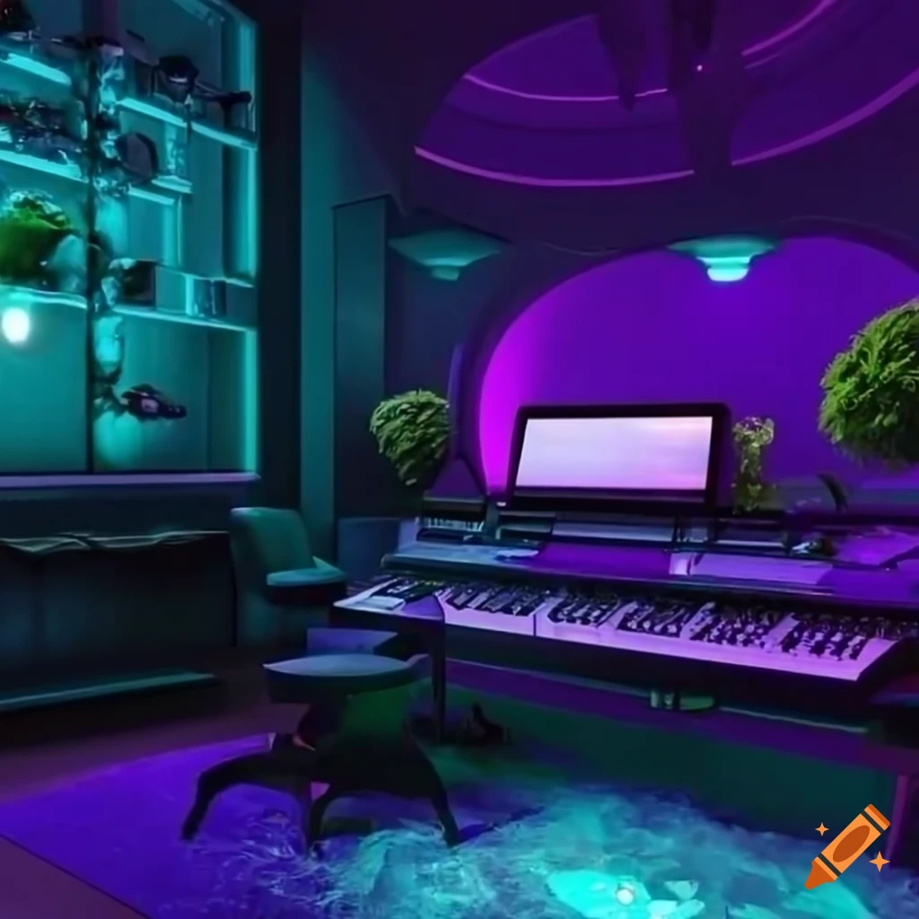 Music studio in futuristic lounge room with bonsai plants and glowing