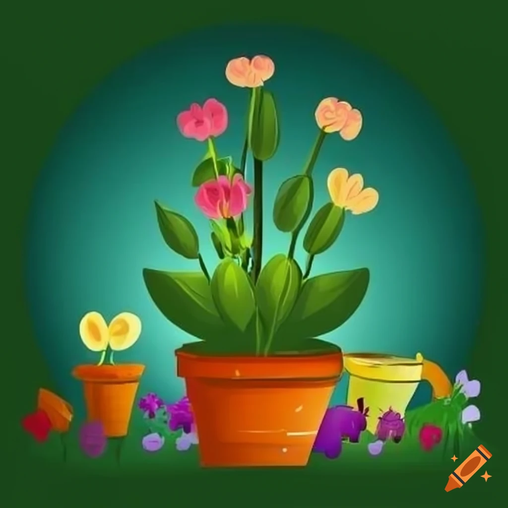 Cartoon image of a garden with flower pots