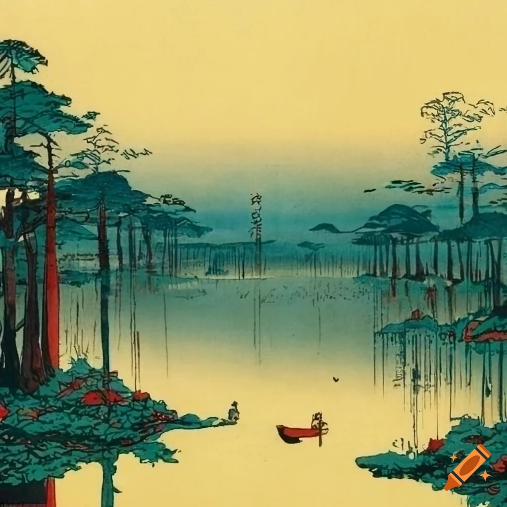 Japanese swamp landscape; ukiyo-e style