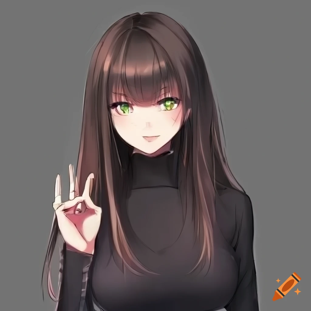 Anime girl with green eyes and dark brown hair bangs, wearing black ...