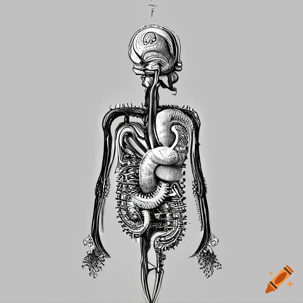 Create a black and white line drawing of the human digestive system  replaced with mechanical parts and this wires in a steampunk inspired  style. high detail centered on a white background on