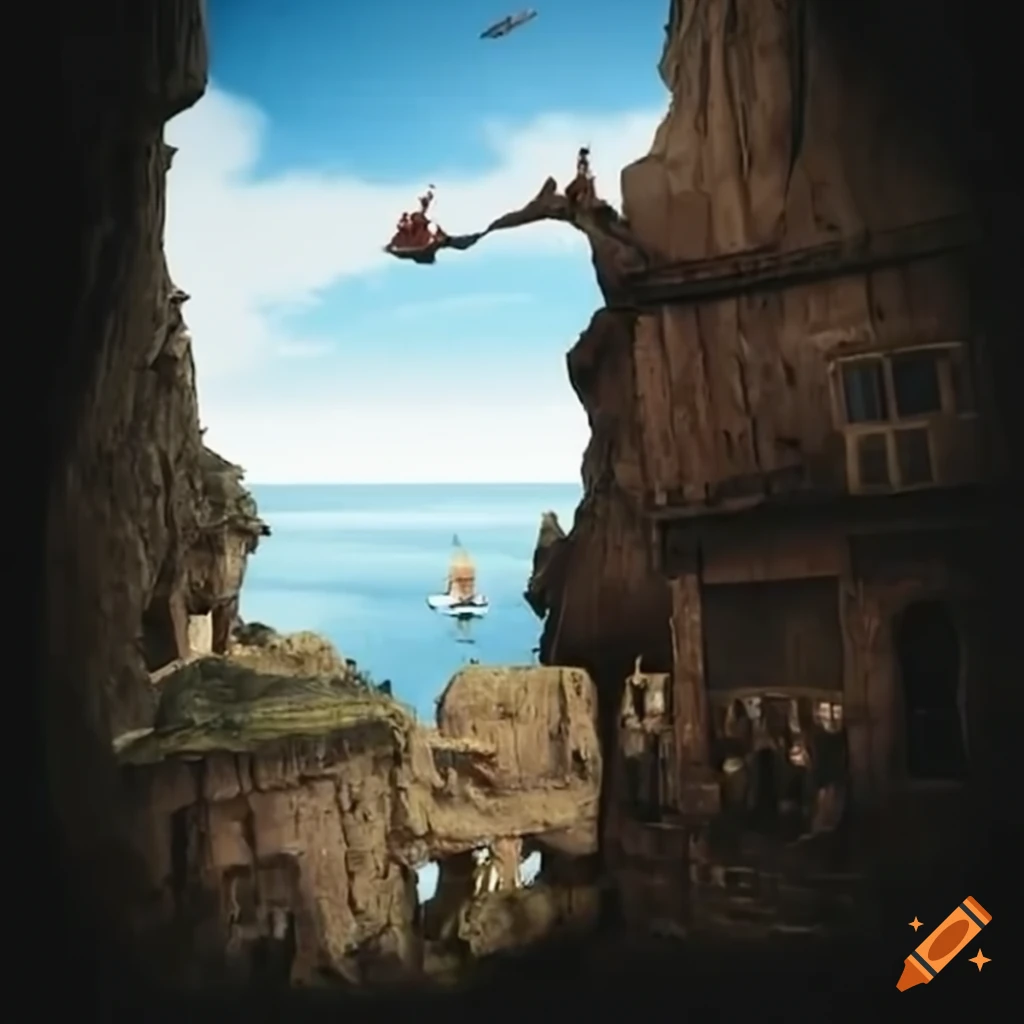 Pirate Cliffs Pirate town in a cliff with overhand about it on Craiyon