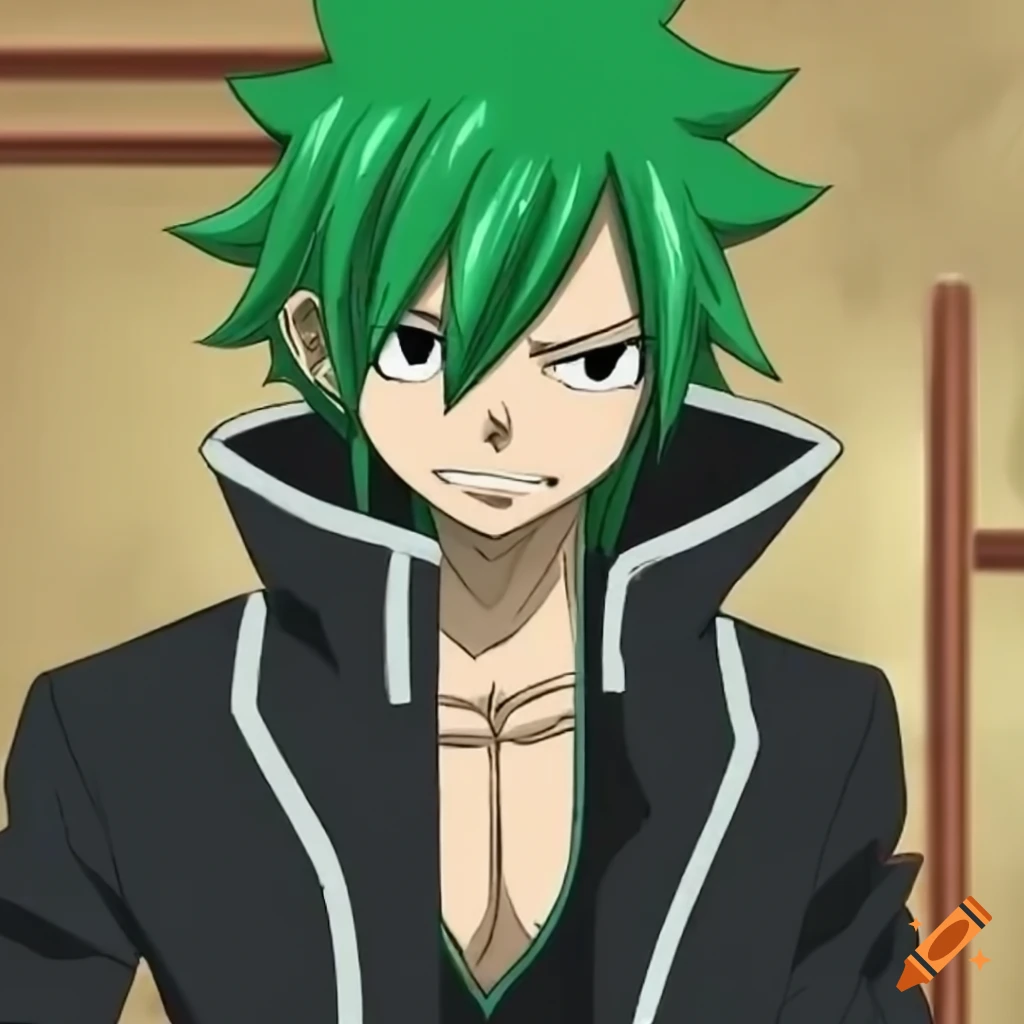 Fairy tail anime green hair man wearing black jacket